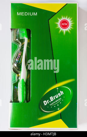 Box of Dr Brush medium toothbrushes set on white background Stock Photo