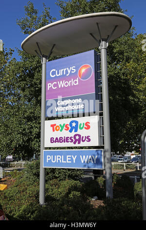 Retail Park sign on the Purley Way, Croydon, UK. A major out of town shopping area in South London, UK Stock Photo