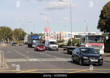 The Purley Way dual carriageway in Croydon, UK. A major out of town shopping area in South London, UK. View north. Stock Photo