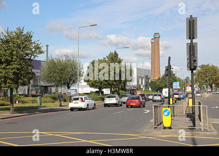 The Purley Way dual carriageway in Croydon, UK. A major out of town shopping area in South London, UK. Shows the Ikea chimneys Stock Photo