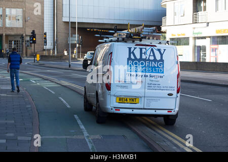 van illegally parked on double yellow line and in a segregated cycle lane in kingston upon thames, surrey, england Stock Photo