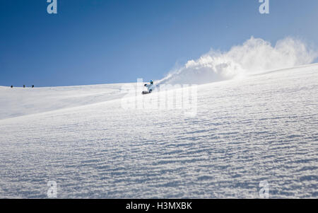 Male snowboarder snowboarding down mountain, Trient, Swiss Alps, Switzerland Stock Photo