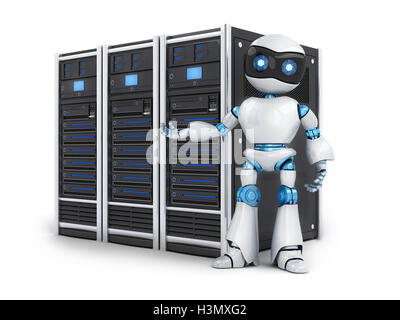 Robot and three server on white background (done in 3d rendering) Stock Photo