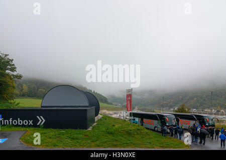 Gloggnitz: construction of Semmering Base Tunnel: Infobox Gloggnitz, Wiener Alpen, Alps, Niederösterreich, Lower Austria, Austri Stock Photo