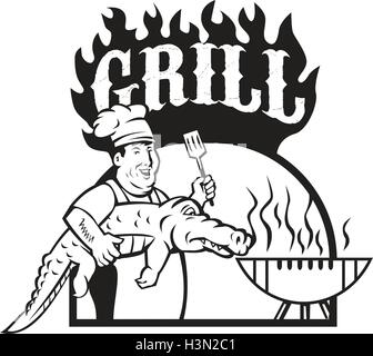 Black and white sytle illustration of a chef smiling carrying alligator in one hand and holding spatula in the other hand cooking with bbq grill viewed from front set inside half circle with the word text Grill done in cartoon style. Stock Vector
