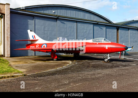 Former ETPS Hawker Hunter F6 XF375 at the Boscombe Down Aviation Collection, Old Sarum Airfield, Wiltshire, United Kingdom. Stock Photo