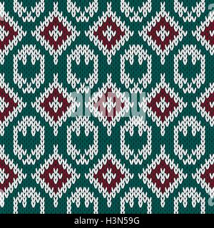 Abstract knitting ornamental seamless vector pattern with rhombus and stylized eagle as a knitted fabric texture in red, green a Stock Vector