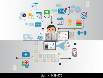 Digital e-health concept as vector illustration. Cartoon person connected to online doctor and hospital Stock Vector