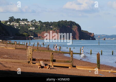 Teignmouth Beach looking towards the parson and clerk rocks. Stock Photo