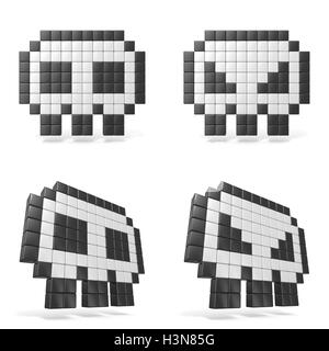 Pixelated 8bit skull icon. Front view. 3D render illustration isolated on white background Stock Photo