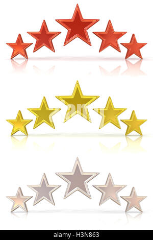 Collection of 3D rendering of five red, gold and white stars isolated on white Stock Photo