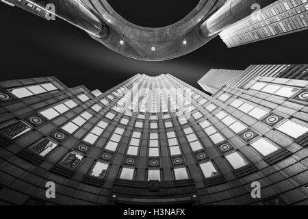 Fine Art, black and white, abstract, upward perspective of New York skyscrapers Stock Photo