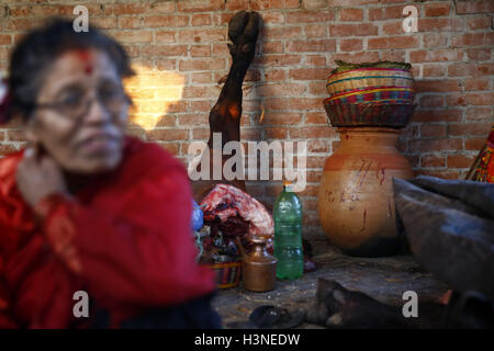 Bhaktapur, Nepal. 11th Oct, 2016. The foot of a sacrificed buffalo is seen during Durga Puja, which falls on the tenth day of the fifteen-day long, Hinduism's biggest religious festival of Dashain in Bhaktapur, Nepal on Tuesday, October 11, 2016. Dashain is the longest and the most auspicious festival in the Nepalese calendar, celebrated throughout the nation and globe by Nepalese people. © Skanda Gautam/ZUMA Wire/Alamy Live News Stock Photo