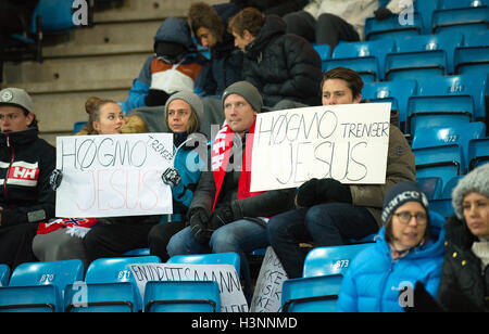 Oslo, Norway. 11th Oct, 2016. Norway, Oslo, October 11th 2016. A group of Norwegian football fan holds up a placards saying that the Norwegian manager Per-Mathias Høgmo needs Jesus at the World Cup Qualifier between Norway and San Marino at Ullevaal Stadion. Credit:  Jan-Erik Eriksen/Alamy Live News Stock Photo