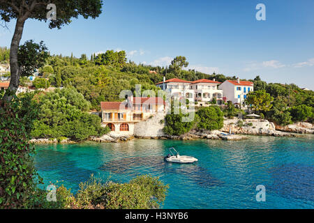 Houses at the port of Fiskardo in Kefalonia island, Greece Stock Photo