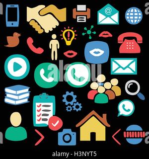 Colorful Hand drawn Social, Network icon set vector illustration on black background Stock Vector