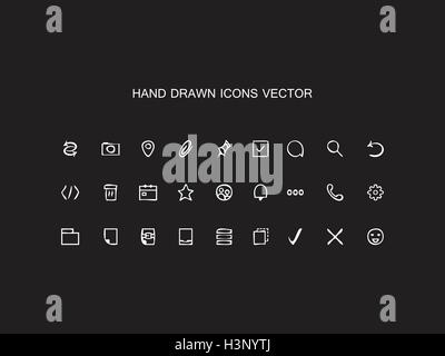 Abstract vector Hand drawn outline web icons set Office on black background Stock Vector