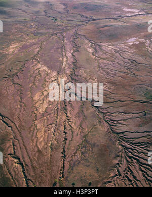 Aerial view of severe soil erosion in an arid region of South Africa ...
