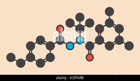 Tebufenozide insecticide molecule. Stylized skeletal formula (chemical structure). Atoms are shown as color-coded circles: hydrogen (hidden), carbon (grey), nitrogen (blue), oxygen (red). Stock Photo