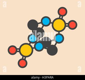 Tetramethylenedisulfotetramine (TETS) rodenticide molecule. Stylized skeletal formula (chemical structure). Atoms are shown as color-coded circles: hydrogen (hidden), carbon (grey), nitrogen (blue), oxygen (red), sulphur (yellow). Stock Photo