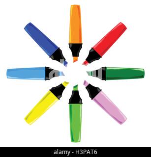 A collection of 8 different colour highlighter pens arranged in a circle over a white background Stock Vector