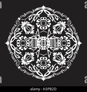 Black and white round flower abstract isolated on black background vector Stock Vector