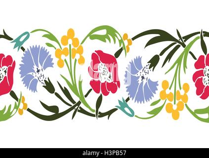 Colorful vintage wildflowers border floral background seamless vector horizontal illustration ethnic stile on white background. Stock Vector