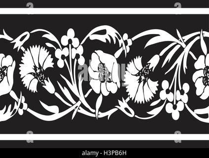 Black and white vintage wildflowers border floral background seamless vector horizontal illustration ethnic stile on black backg Stock Vector