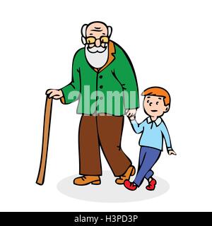 Grandfather with grandson. Funny old man with walking cane and with boy. Colorful cartoon vector illustration on white backgroun Stock Vector