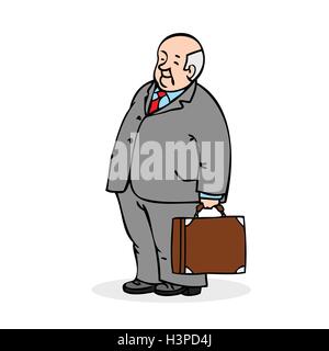 Old man with a suitcase. Business elderly man, wearing a suit and a tie. Colorful cartoon vector illustration on white backgroun Stock Vector