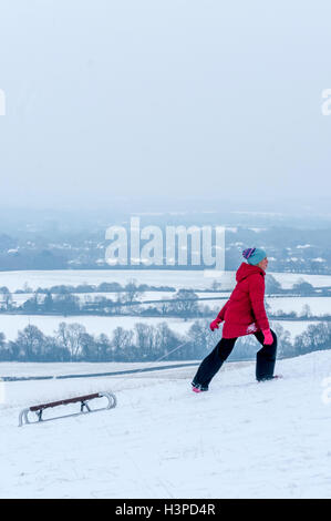 Sledging and fun in the snow at Clayton windmills Stock Photo