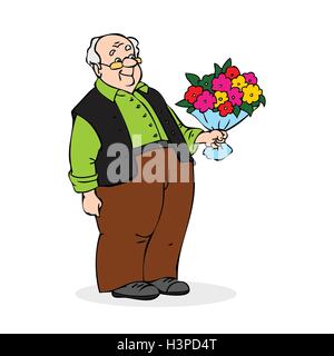 Old man with a bouquet of flowers. Smiling elderly man with glasses. Colorful cartoon vector illustration on white background Stock Vector