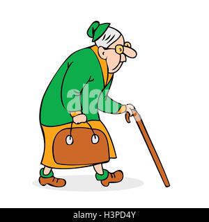 Old woman with cane and a bag. Grandmother with glasses walking. Hunched elderly lady with a cane. Colorful cartoon vector illus Stock Vector