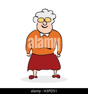 Funny elderly lady with glasses. Grandmother standing. Colorful cartoon vector illustration on white background Stock Vector
