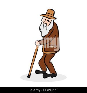 Funny old man with hat and walking cane. Grandfather with a long beard. Colorful cartoon vector illustration on white background Stock Vector