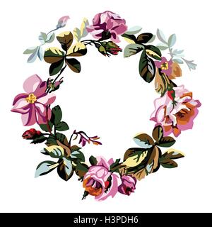 Vector colorful illustration of a beautiful floral wreath with roses and central white background for your text. Vector hand dra Stock Vector