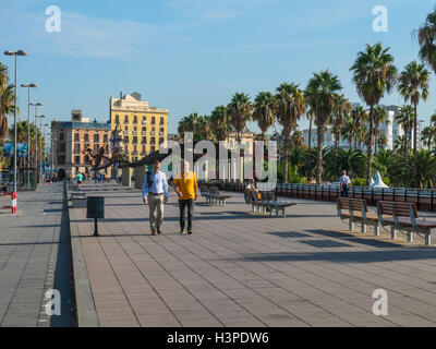 BARCELONA, SPAIN - OCT 5: passersby on a sunny day on October 5, 2016, on the Walk 'Moll de la Fusta', on the coast of the city Stock Photo