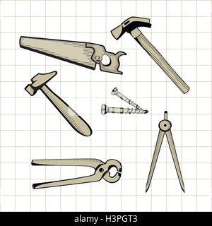 Icons of hammer, saw, screw, wrench, tools for construction work. Stock Vector