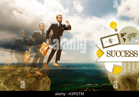 Image of young businessman jumping over gap Stock Photo