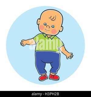 Little lovely baby boy standing, walking, learning to walk. Colorful vector illustration on white background Stock Vector