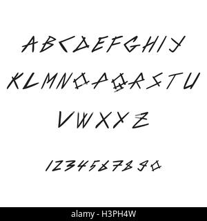 Hand drawn hipster font and numbers. Thin italic vector sans serif on white background. Stock Vector