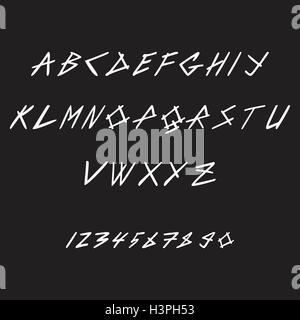 Hand drawn hipster font and numbers white. Thin italic vector sans serif on black background. Stock Vector