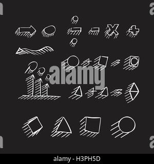 Thin hand drawn arrows, geometric shapes with shadow, mathematical signs painted white pen on black background. Doodle, sketch.  Stock Vector