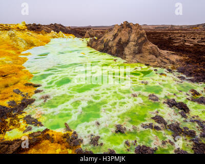 Sulphur lake Dallol in Danakil Depression, Ethiopia. The lake with its sulphur springs is the hottest place on Earth. Stock Photo