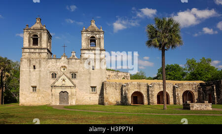 Clouds roll past the old Spanish Mission Concepcion in San Antonio, Texas Stock Photo