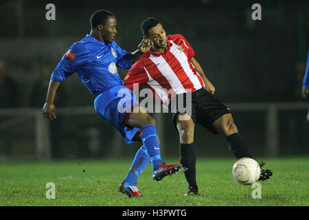 New AFC Hornchurch signing Dave Rainford tussles with Victor Osubu of Harrow - AFC Hornchurch vs Harrow Borough - Ryman League Premier Division Football at The Stadium, Upminster Bridge, Essex - 12/11/13 Stock Photo