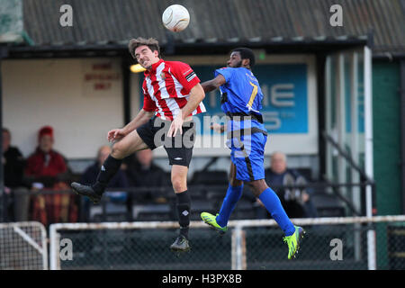 Leigh Bremner in aerial action for Hornchurch - AFC Hornchurch vs Kingstonian - Ryman League Premier Division Football at The Stadium, Upminster Bridge, Essex - 16/11/13 Stock Photo