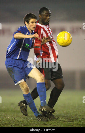 Tambeson Eyong of Hornchurch and Laurence Ball of Margate - AFC Hornchurch vs Margate - Ryman League Premier Division Football at The Stadium - 01/02/11 Stock Photo