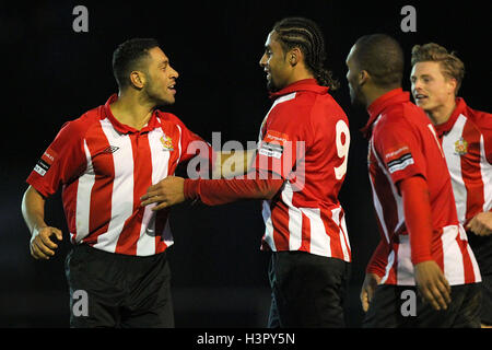 Stefan Payne scores the second goal for Hornchurch and celebrates with Dave Rainford - AFC Hornchurch vs Margate - Ryman League Premier Division Football at Hornchurch Stadium, Bridge Avenue, Upminster, Essex - 14/12/13 Stock Photo