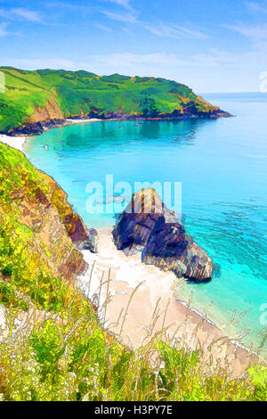 Lantic Bay Cornwall England near Fowey and Polruan with turquoise and blue sea bright vivid colours illustration Stock Photo